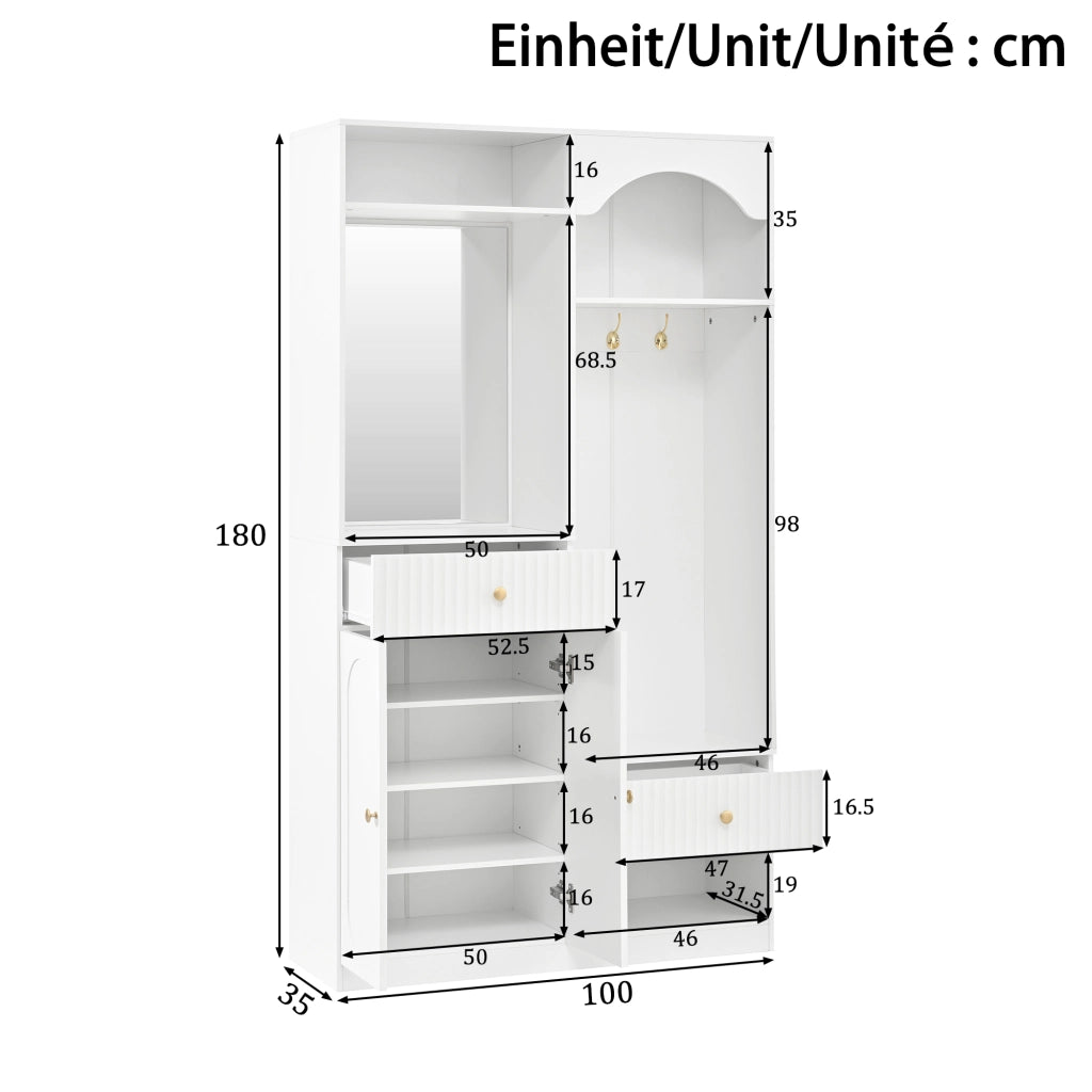 Mobile da ingresso, appendiabiti, con specchio e panca, 2 cassetti, 3 ganci, bianco