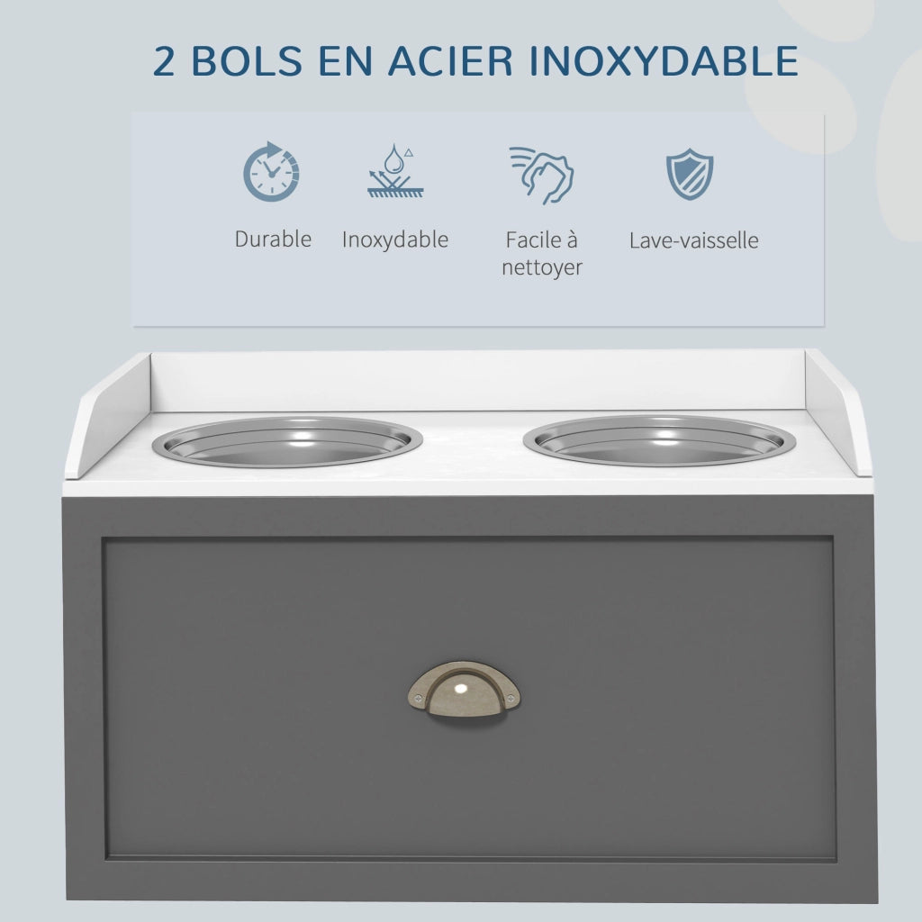 Porta Gamelle Elevato per Cani e Gatti ¨C Zephmum ¨C Bianco Grigio MDF Acciaio Inox