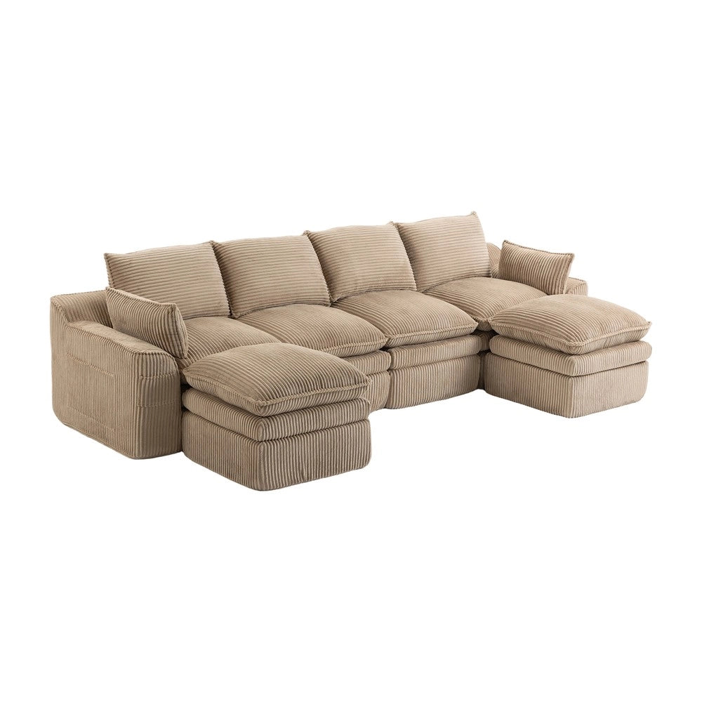 Divano modulare 4 posti con sgabelli - Zephmum- Tessuto cord, cuscini, tasche laterali