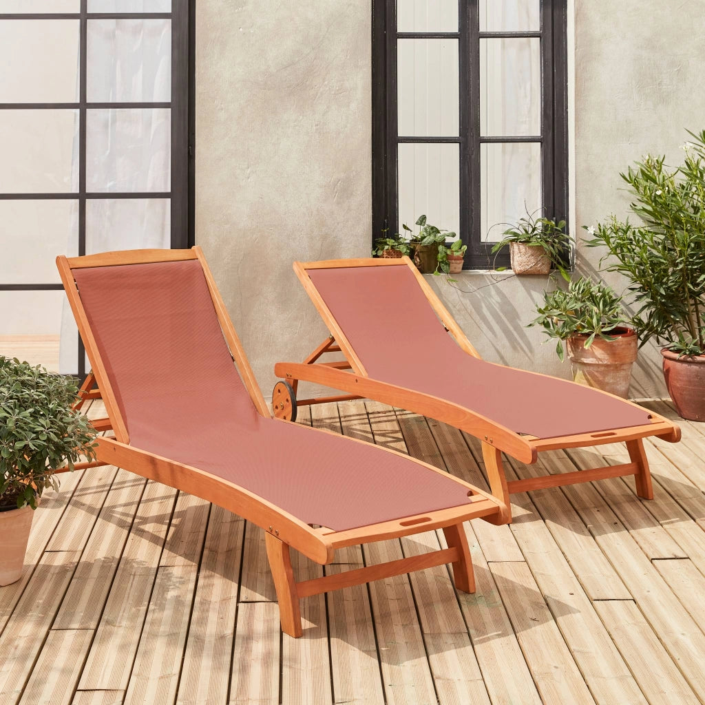 Set 2 lettini prendisole in legno multiposizione con ruote, terracotta