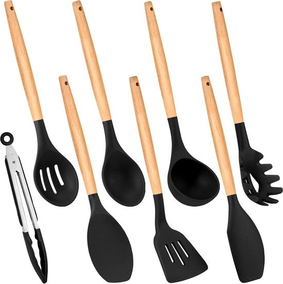 Set di aiuto per la cucina da 8 pezzi con maniglia in legno - legno nero e silicone