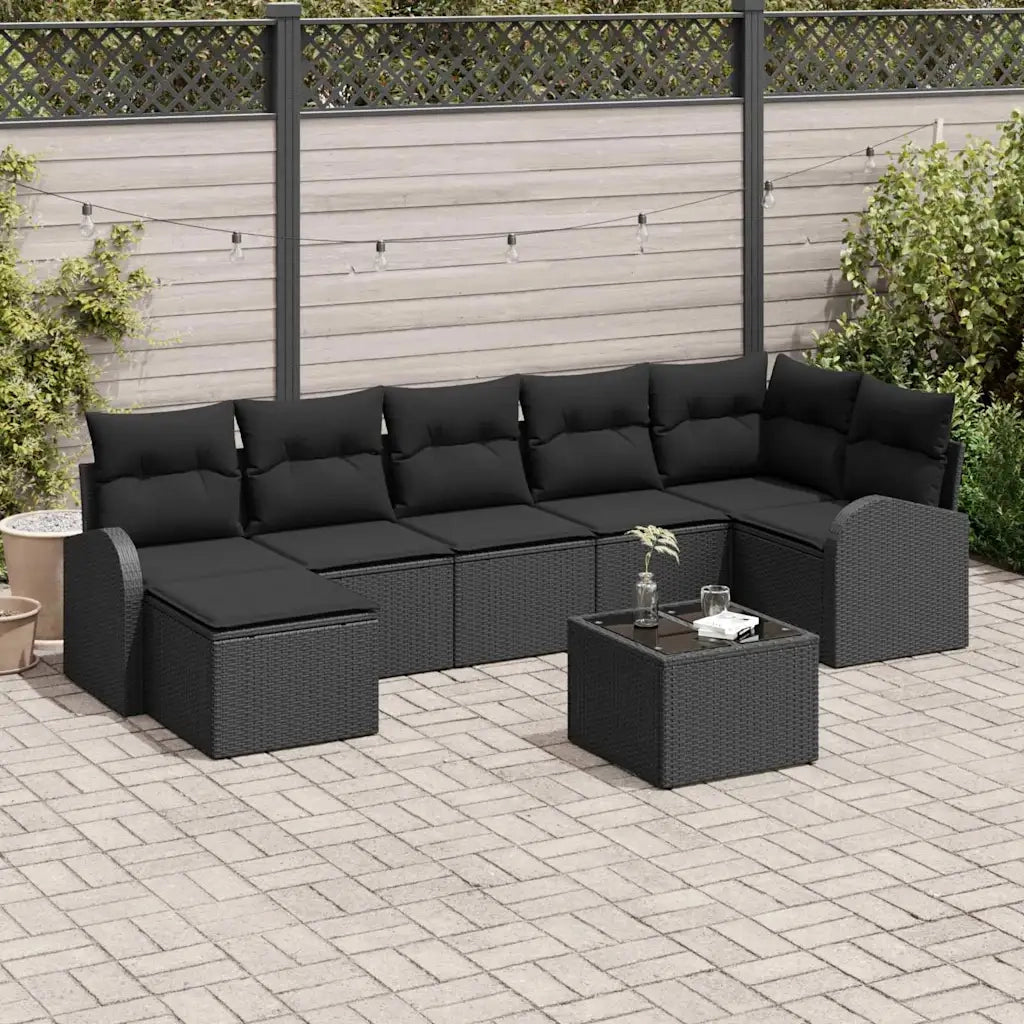 Set Divano da Giardino con cuscino 8 pcs Nero Poly Rattan