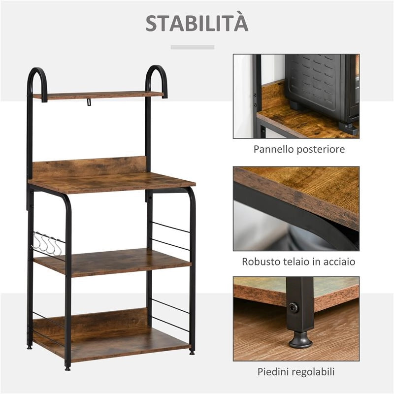 MOBILE CUCINA 4 RIPIANI E GANCI IN ACCIAIO E LEGNO 60X40X125CM, LEGNO