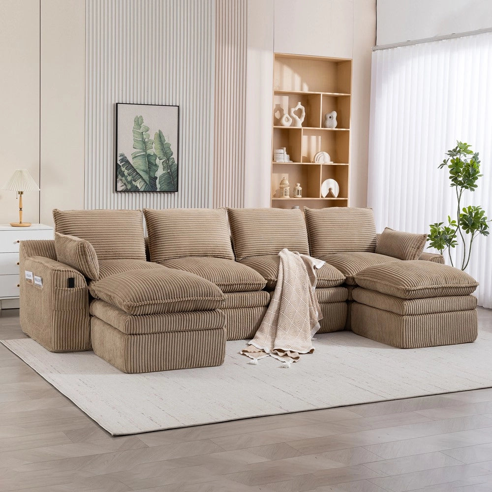 Divano modulare 4 posti con sgabelli - Zephmum- Tessuto cord, cuscini, tasche laterali