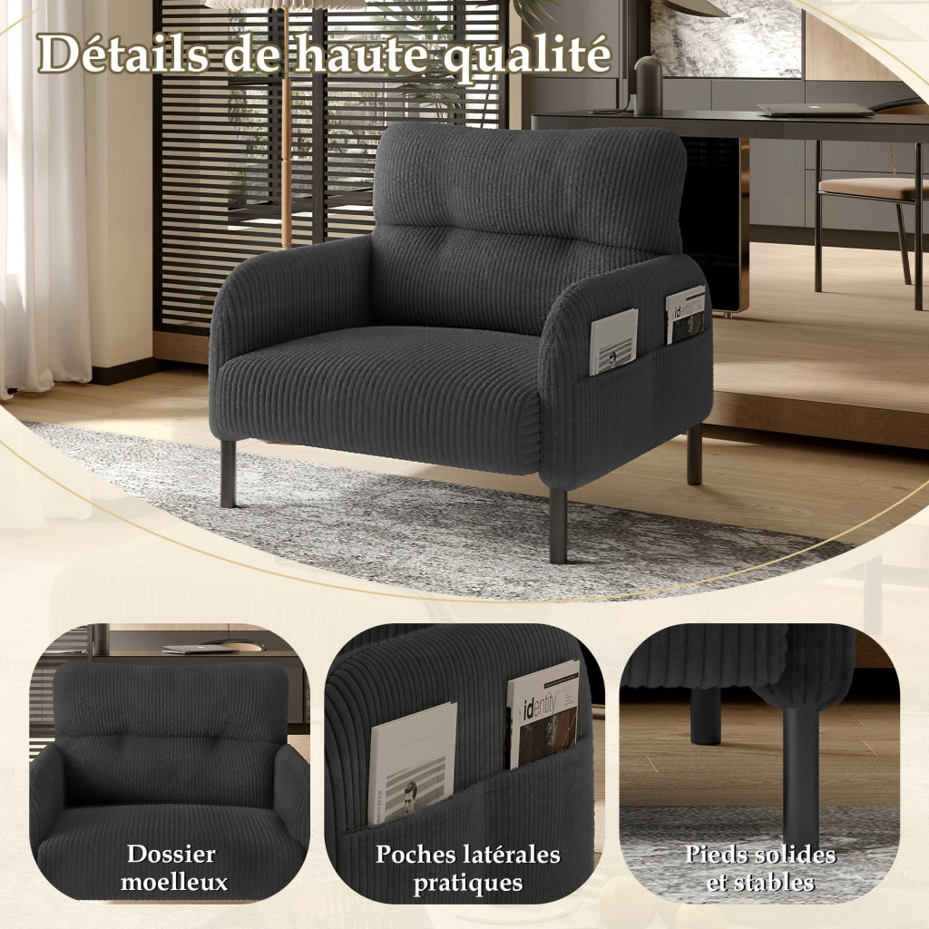 Poltrona con Tasche Laterali e Schienale Ergonomico; Seduta Profonda; in Velluto a Coste Grigio 67 × 75 × 79 cm