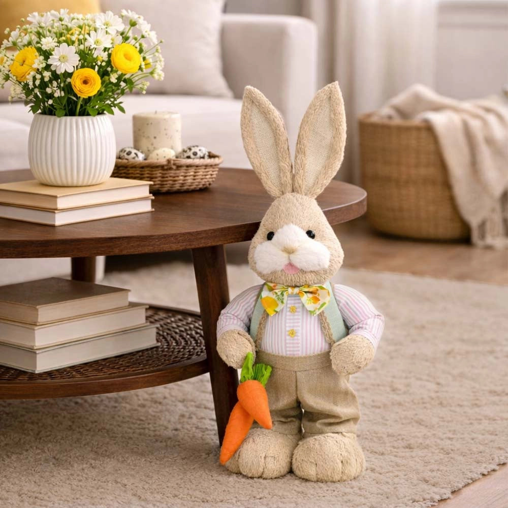 Coniglio di Campagna Decorativo Pasquale con Camicia e Carota h 65 cm