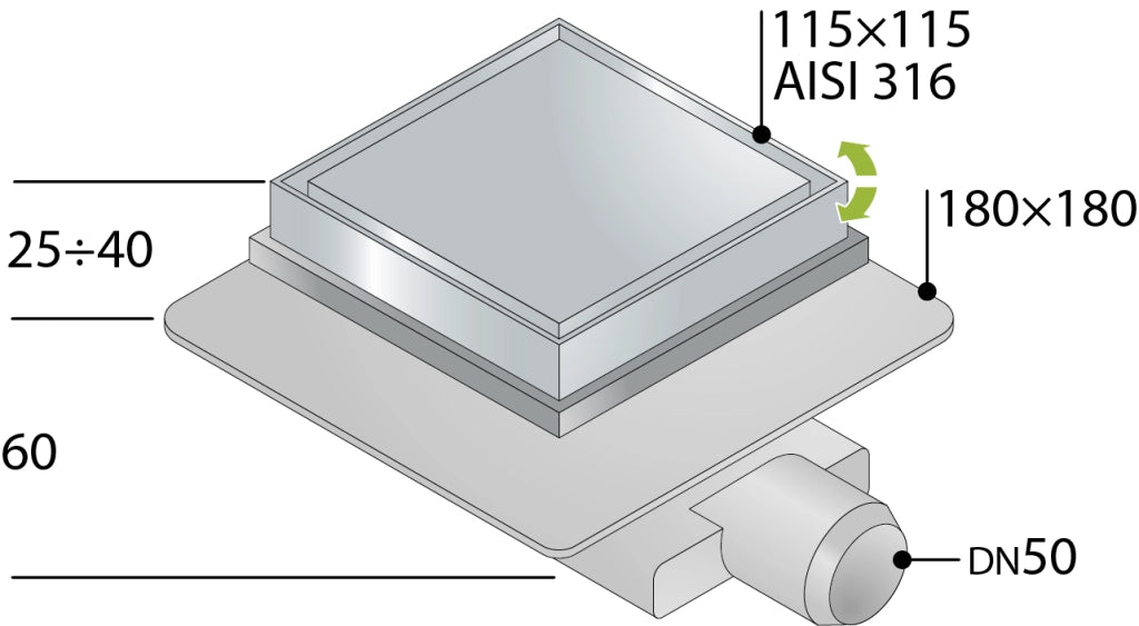 PILETTA SIFONATA PER SCARICO PAVIMENTO GRIGLIA PIASTRELLABILE- 115x50- TEA- pezzi 1