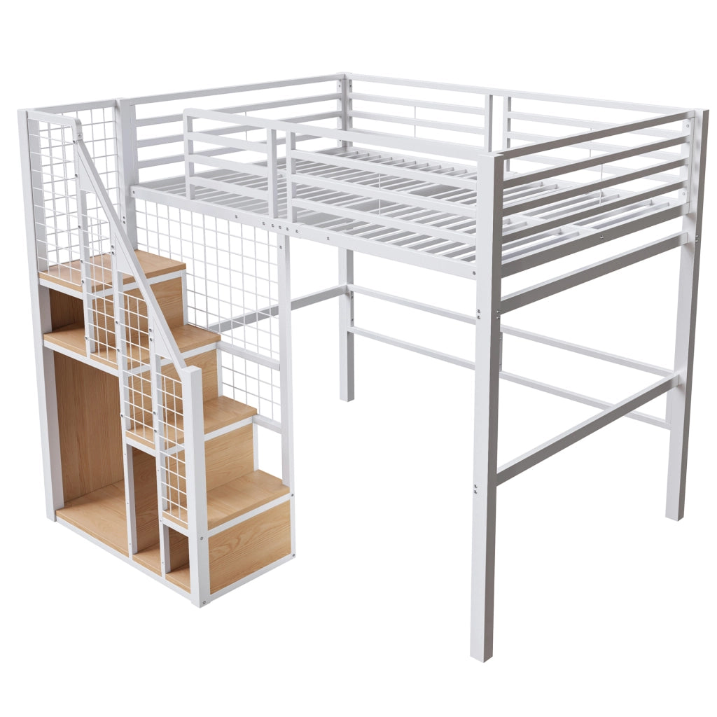 LETTO A CASTELLO 140x200 in metallo bianco con scala e ripiani