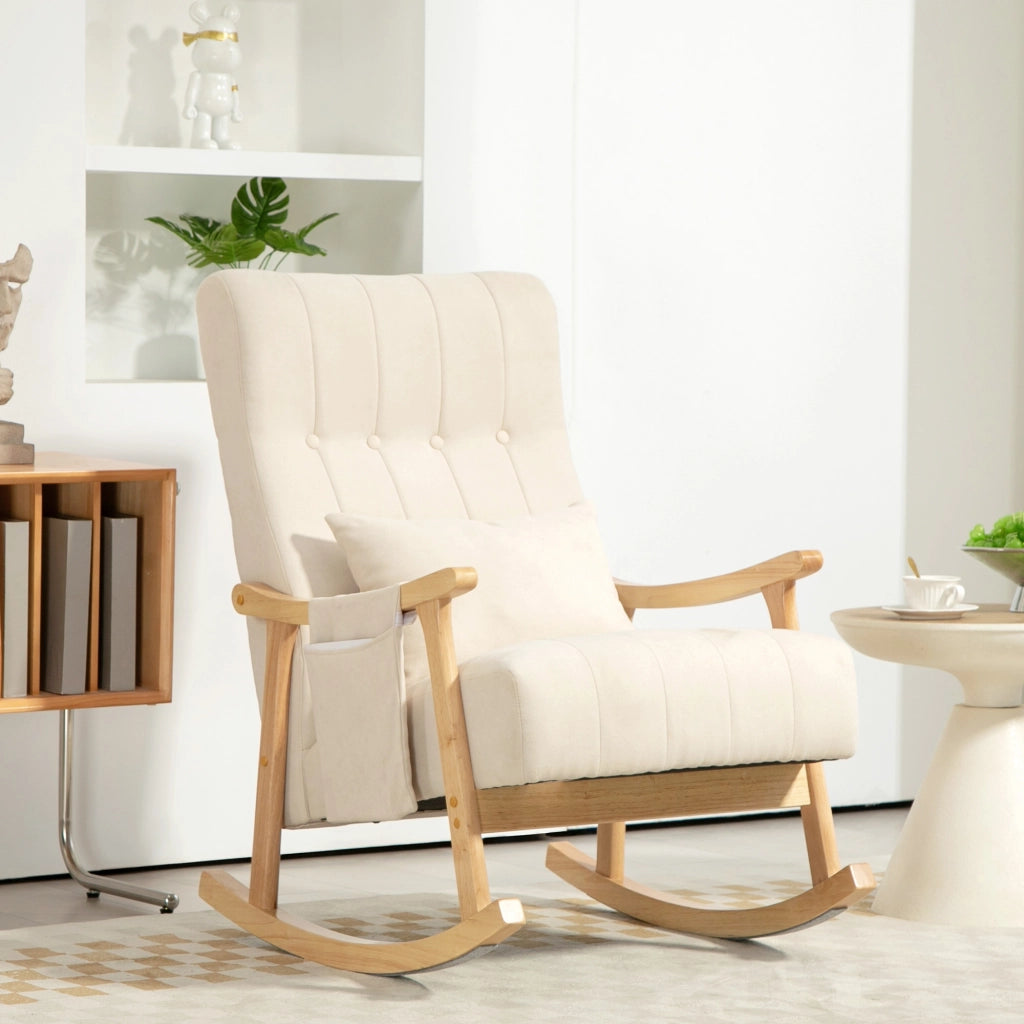 Poltrona a Dondolo con Cuscino ¨C Minimal ¨C Legno, Beige