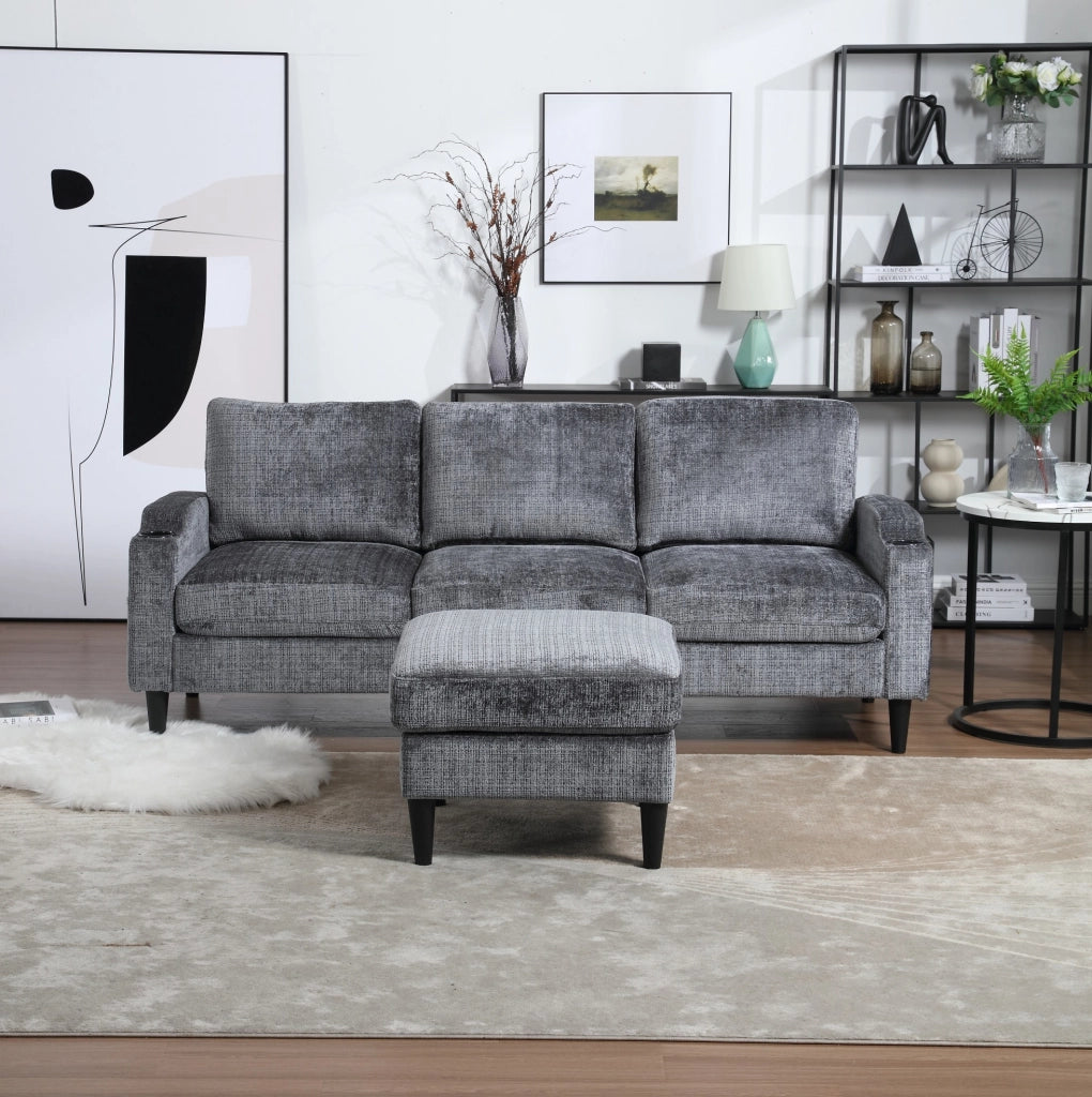 Divano 4 posti con pouf contenitore; portabicchieri e tasche laterali; grigio