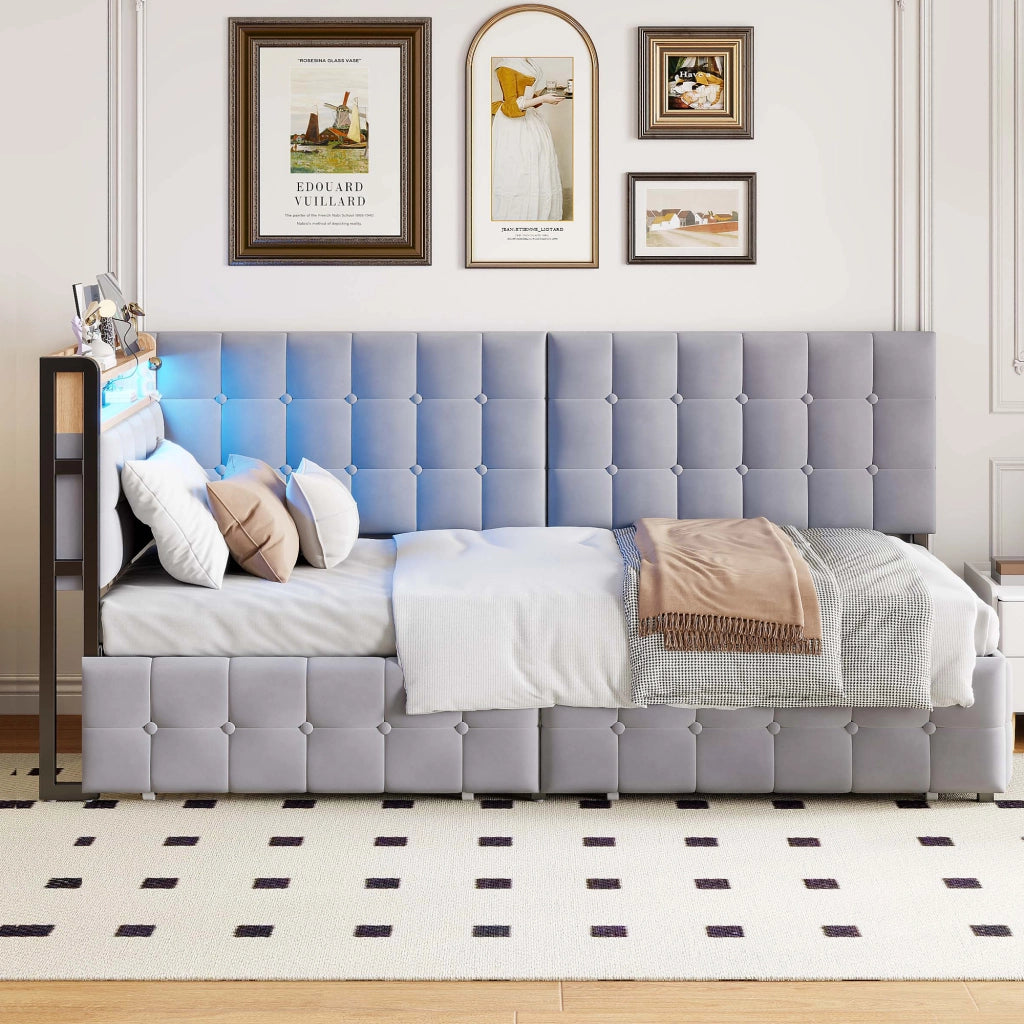 LETTO Contenitore 90x200 cm Grigio in tessuto con 2 cassetti, LED e USB-C