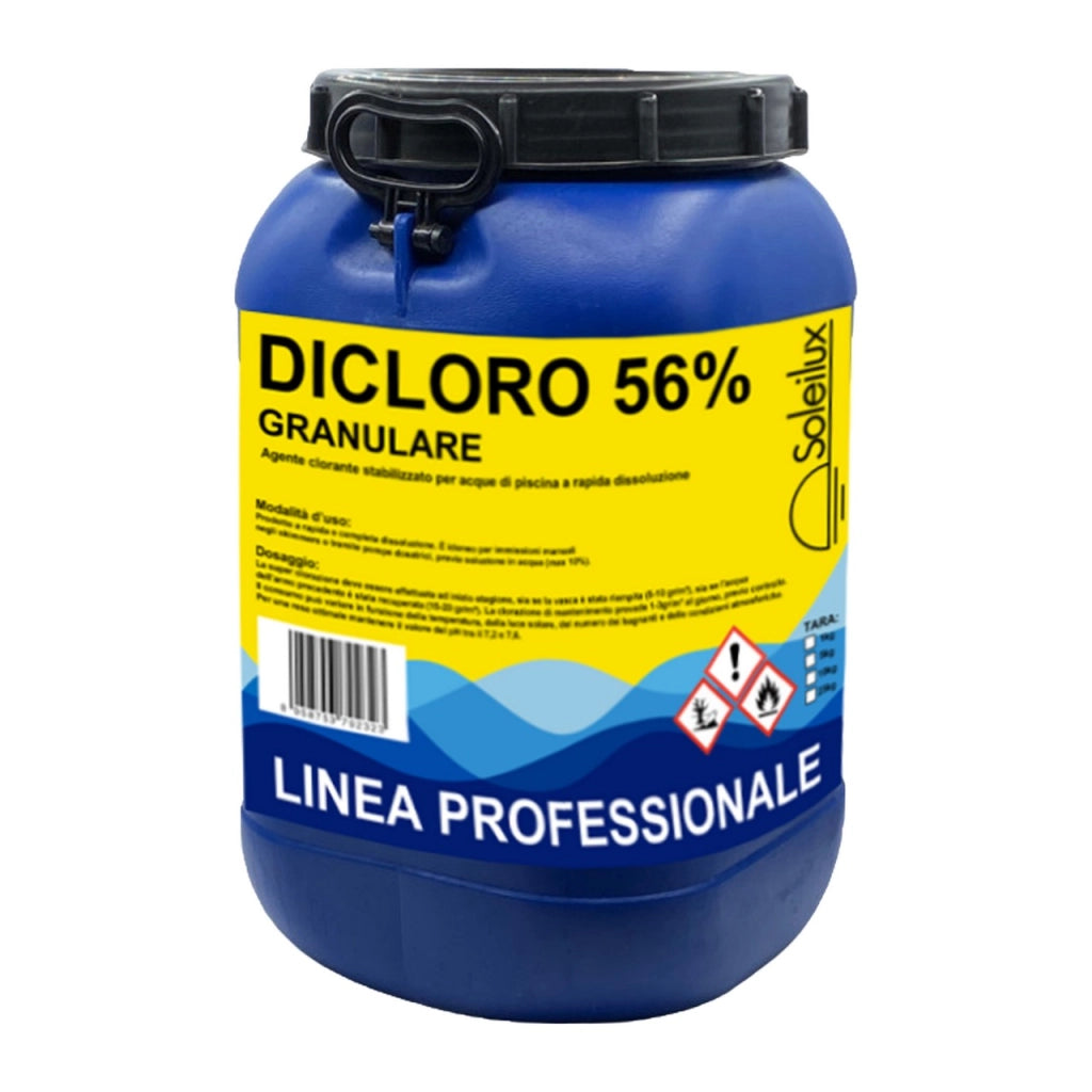 Dicloro Cloro Granulare 56% Rapido per Piscina - 25 kg, Dicloro Stabilizzato a Rapida Dissoluzione per Trattamento Shock, Mantenimento, Iperclorazione, Pulizia ed Igiene dell'Acqua di Piscine