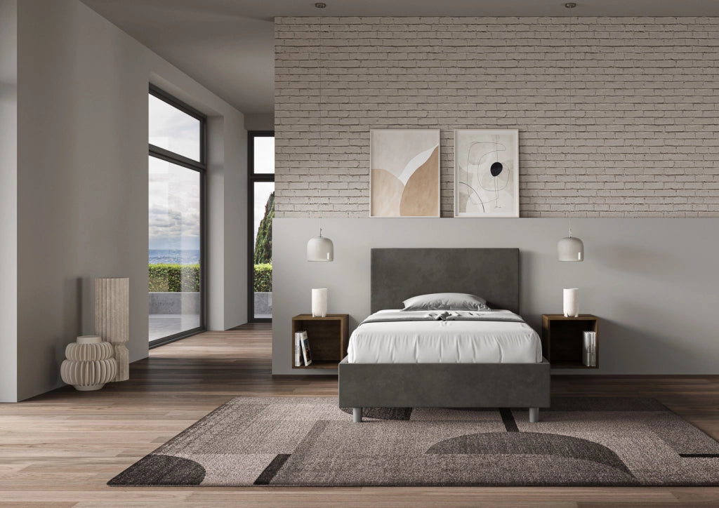 BS COM Letto singolo contenitore imbottito 100x210 microfibra grigio