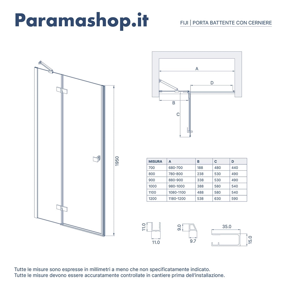 Porta doccia 70cm apertura a battente lato destro con cerniere, profili cromati e vetro da 8mm trasparente h195 | Fiji
