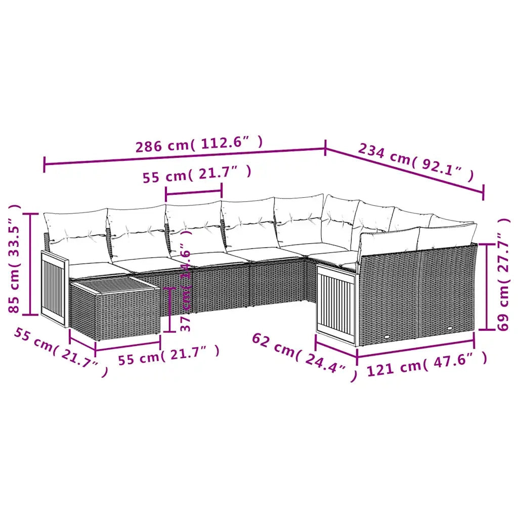 Set Divani da Giardino 10 pz con Cuscini Nero in Polyrattan 3227996