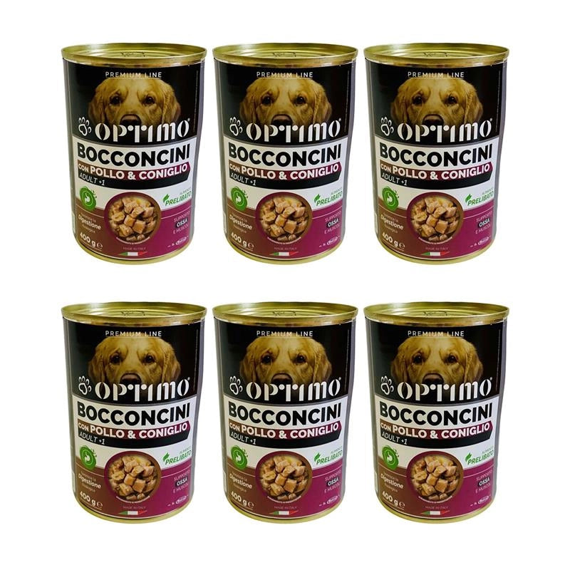 KIT SET 6 PZ OPTIMO BOCCONCINI PER CANE AL GUSTO POLLO E CONIGLIO DA 400 GR
