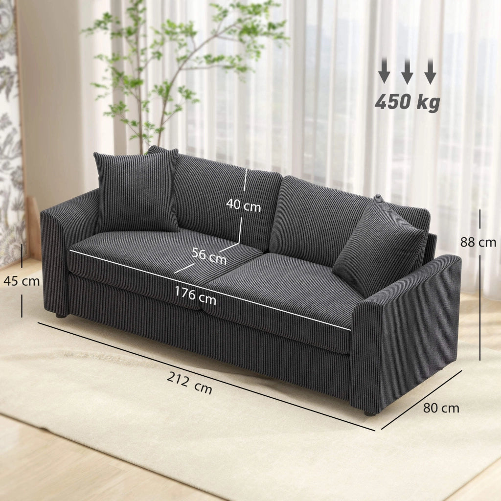 Divano 3 posti velluto a coste ¨C Xylo ¨C grigio scuro con 2 cuscini e molle 212 cm