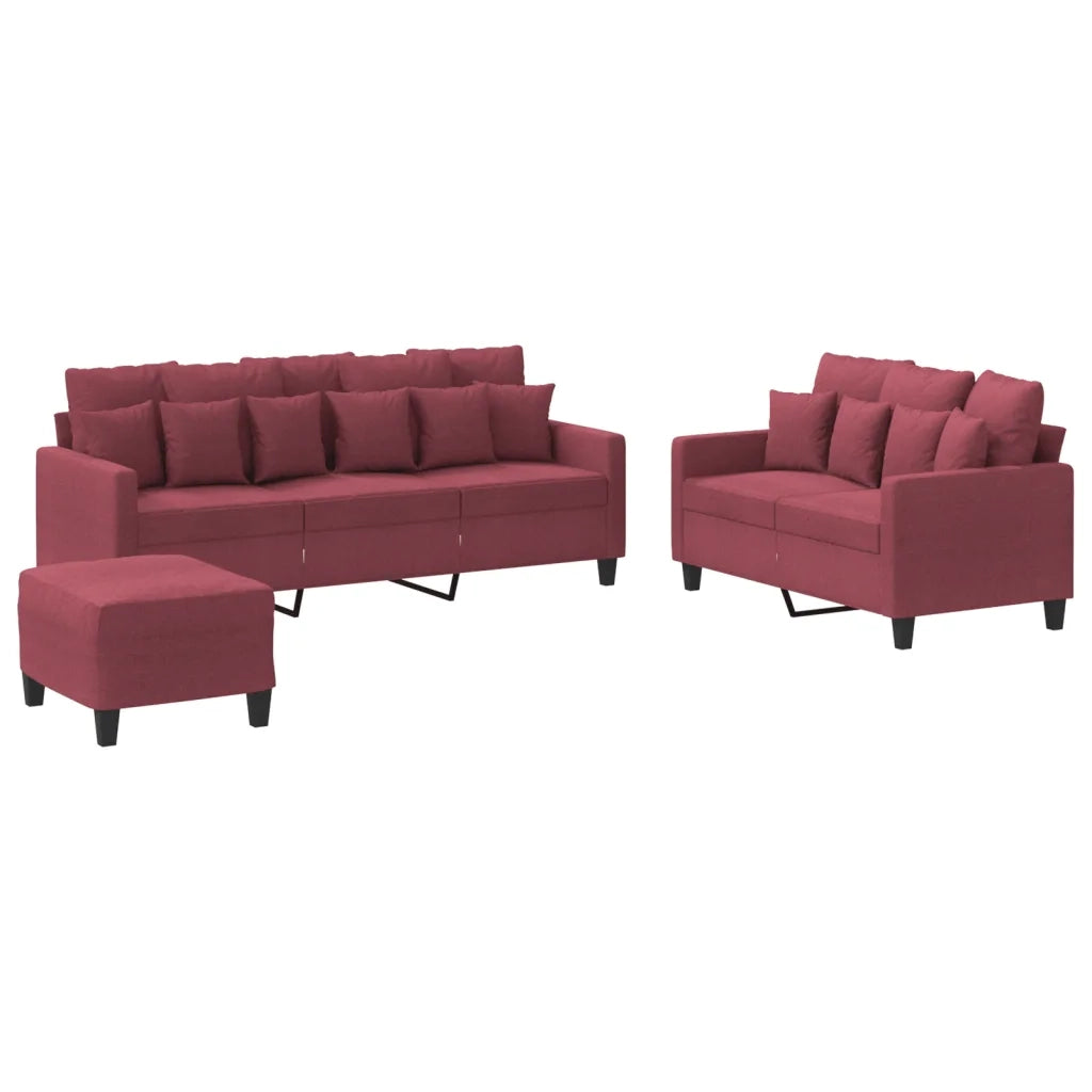 Set di Divani 3 pz con Cuscini Rosso Vino in Tessuto 3201678