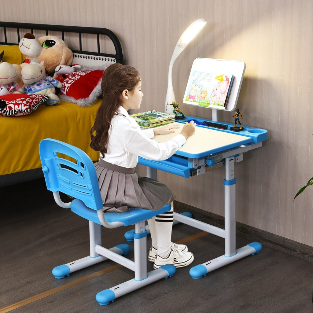 Scrivania per bambini altezza regolabile 54-76cm Set tavolo e sedie bimbi inclinabile con lampada, Blu