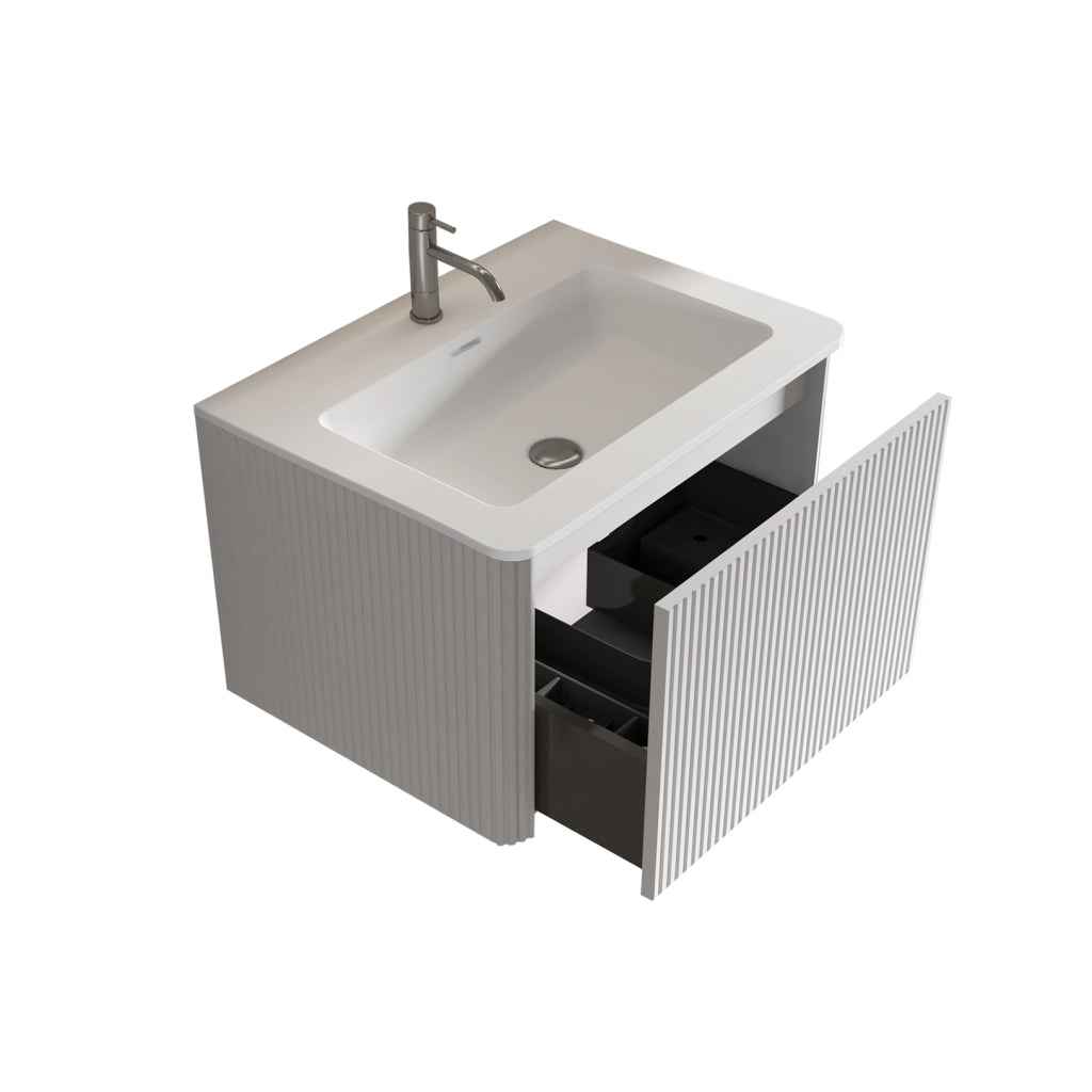 Mobile bagno sospeso 60 cm con lavabo Solid Surface, rilievo fluted, bianco