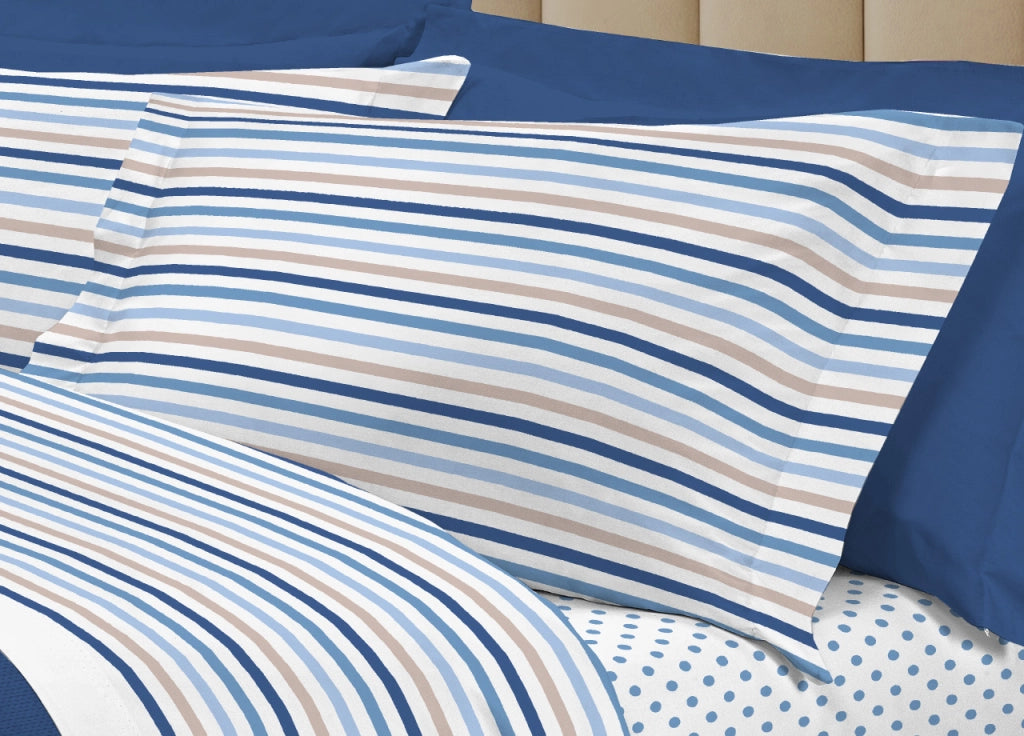 Completo Lenzuola Letto 100% Cotone Italy 3027 Disegno Riga Dots - Piazza E Mezza - Blu