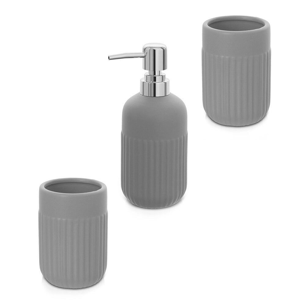 Set accessori bagno in ceramica grigia opaca con dispenser sapone e due portaspazzolini Cup