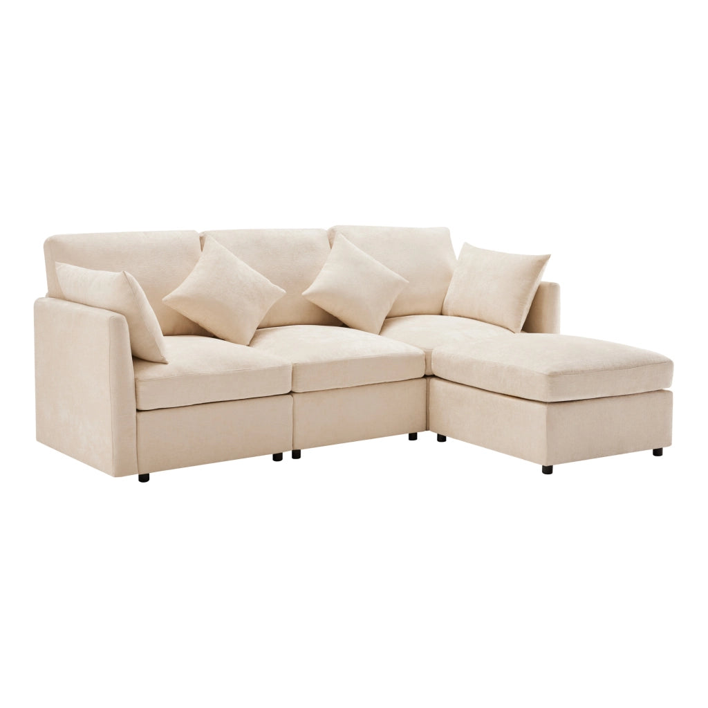 Divano angolare L convertibile in 3 posti - Zephmum - Modulare con pouf mobile e 4 cuscini in chenille, beige