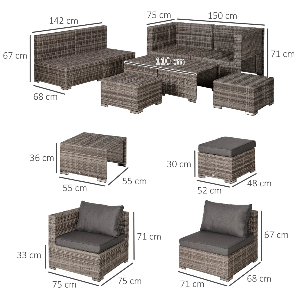 Set Salotto da Giardino 8 Pezzi ¨C Xylo ¨C Polyrattan Grigio con Poltrone Tavolini Sgabelli Salvaspazio