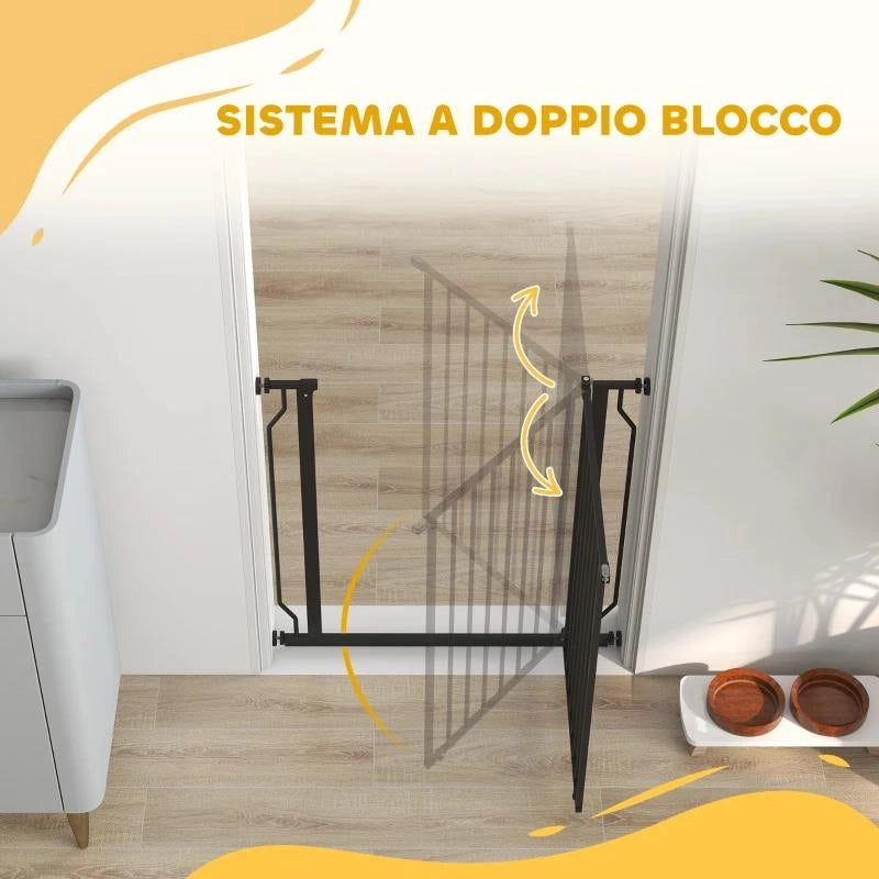 CANCELLETTO PER CANI ESTENSIBILE E REGOLABILE PER SCALE E PORTE, IN ACCIAIO E ABS, 75-85X76 CM, NERO