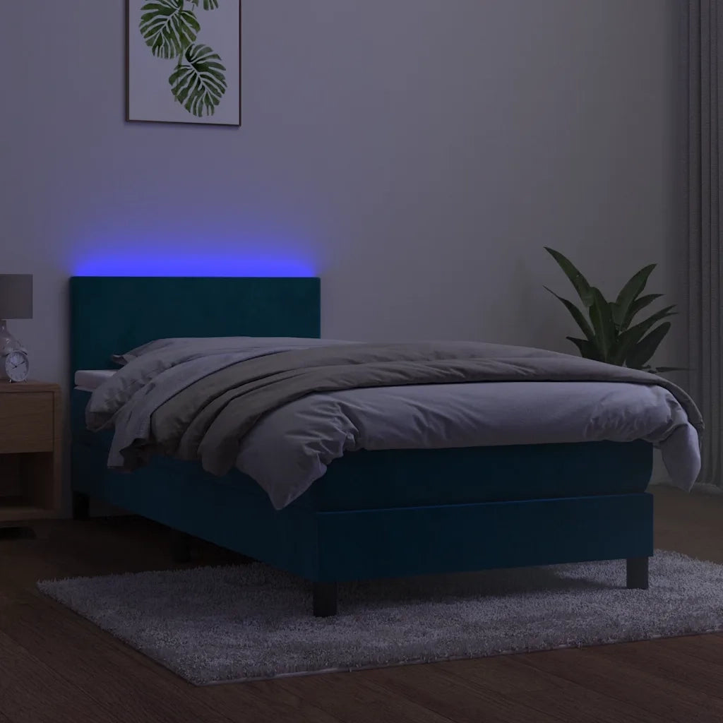 Letto a Molle con Materasso e LED Blu Scuro 90x190cm in Velluto 3134259