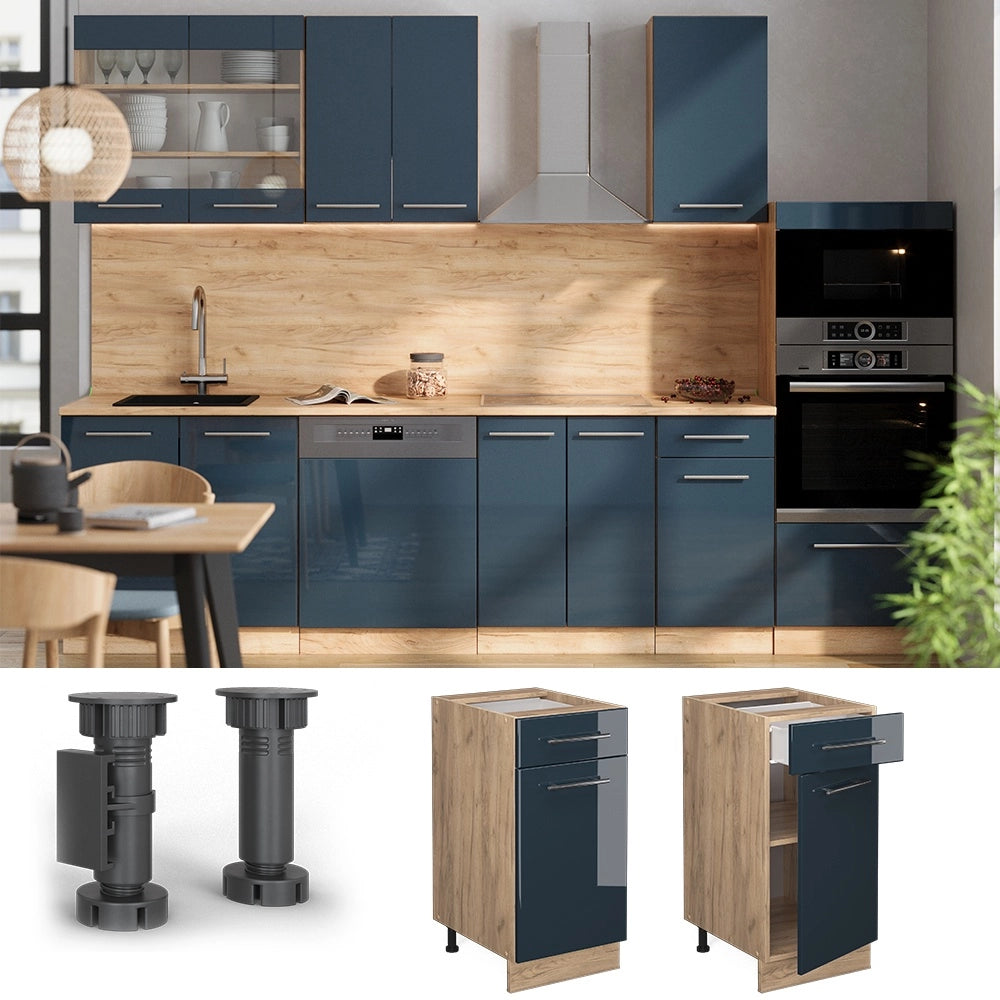 Mobiletto base per cucina Fame-Line Blu scuro lucido/Rovere dorato 40 cm, PL Antracite Vicco
