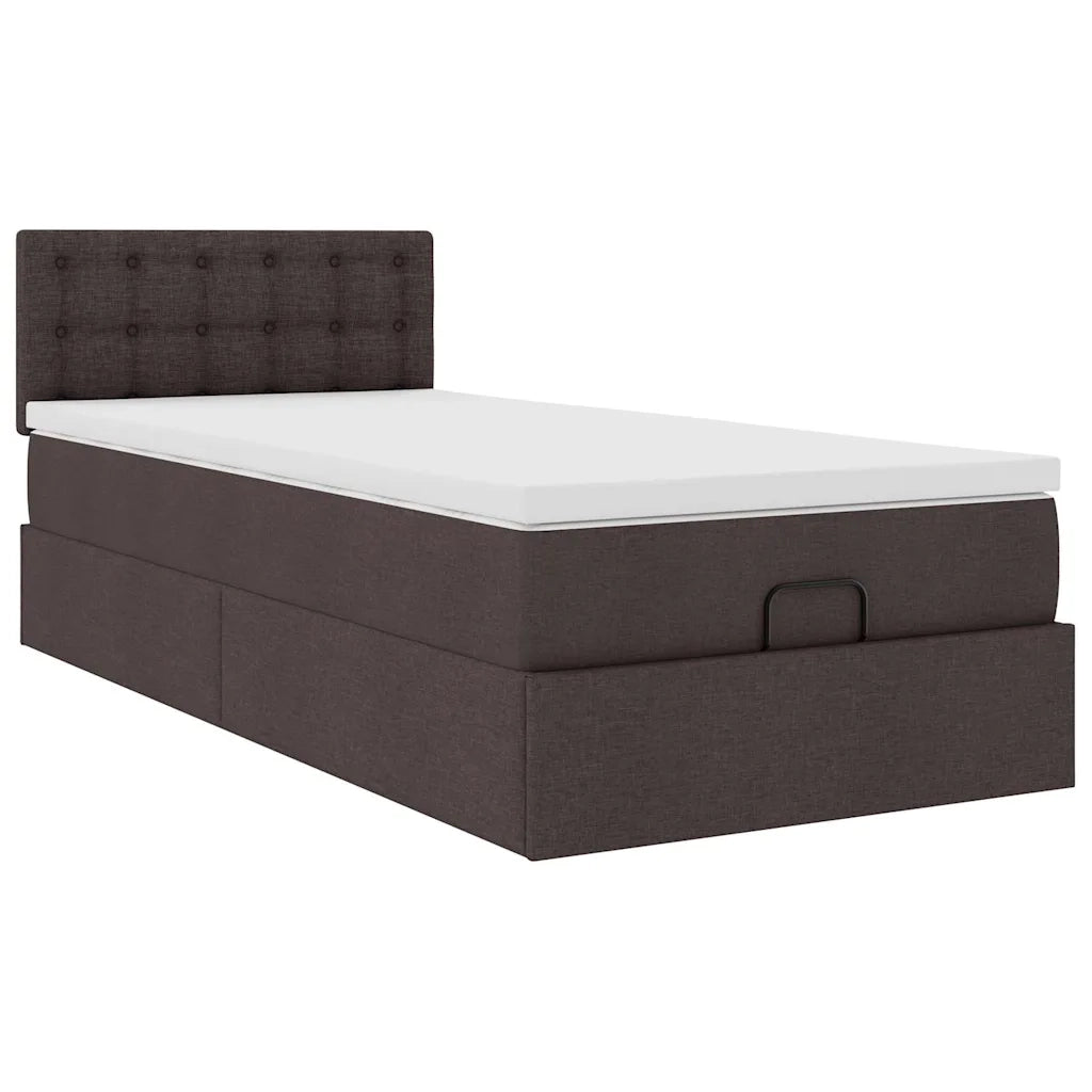 Pouf Letto con Materasso e LED Marrone Scuro 90x200 cm Tessuto