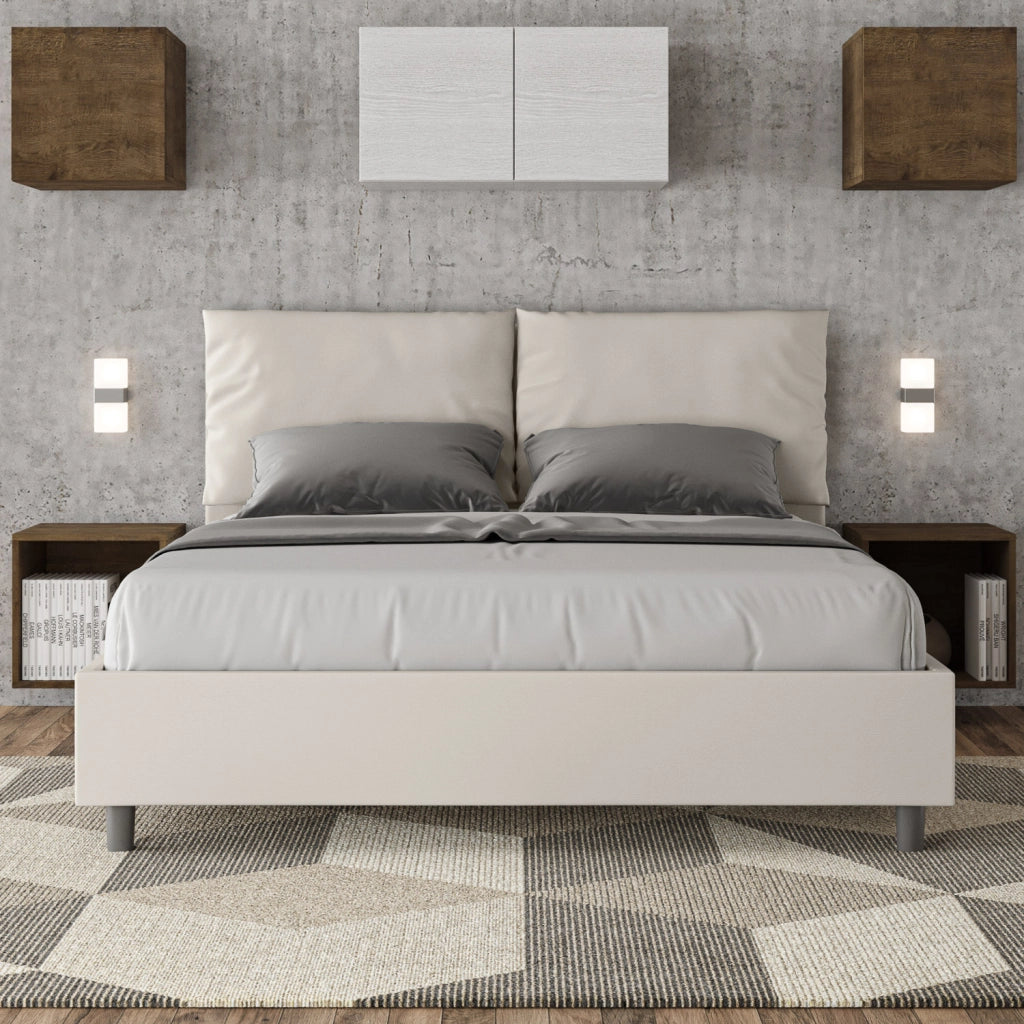 BS COM Letto matrimoniale con rete imbottito 160x200 similpelle bianco