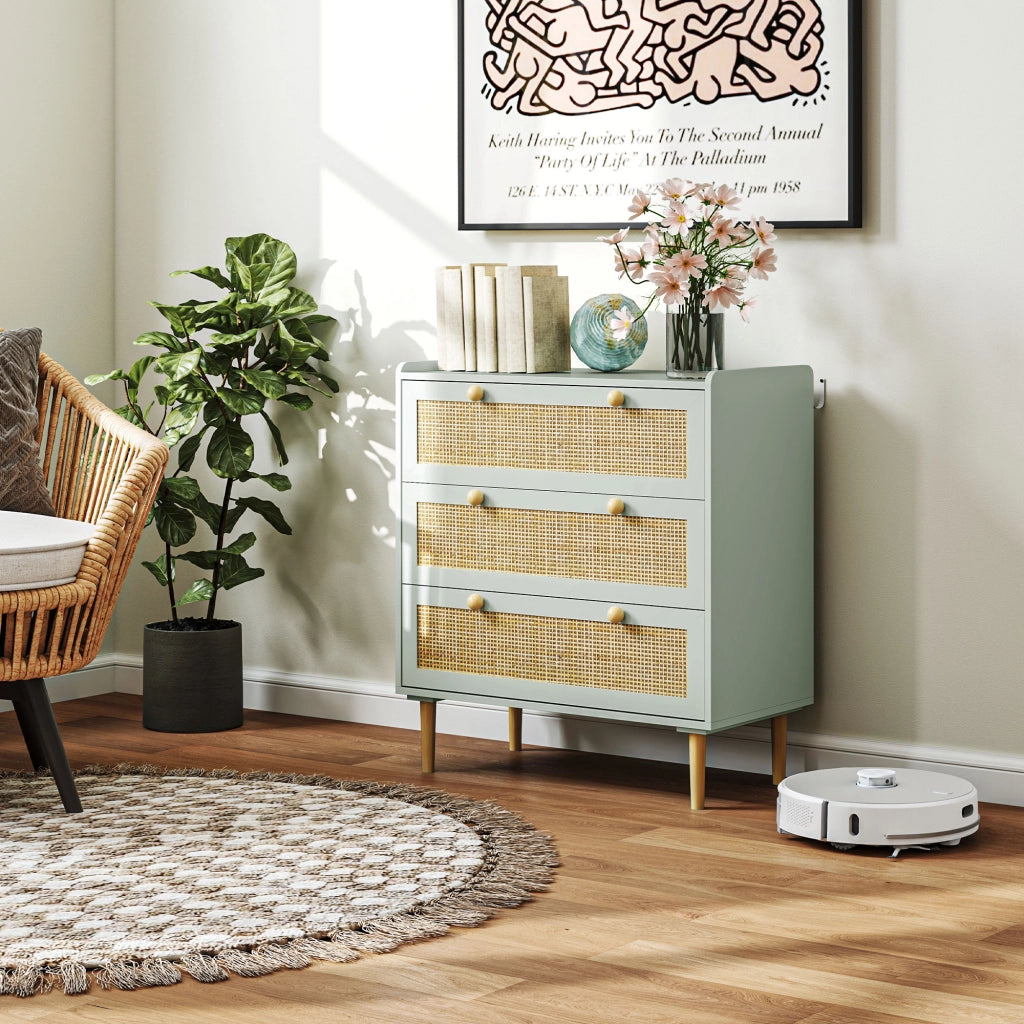 Cassettiera boh¨¦mien rattan naturale ¨C Xylo ¨C 3 cassetti verde oliva