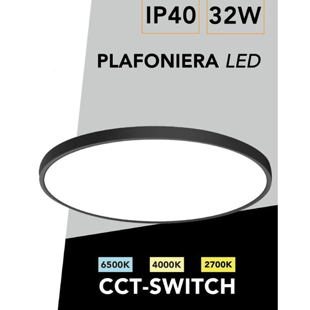 Trade Shop - Plafoniera A Led Slim 32w Ip40 Con Tecnologia Cct Da 6500k A 2700k Con Switch Lv400-3c - Nero