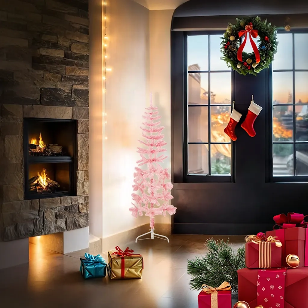 Albero Natale Artificiale Sottile a Metà e Supporto Rosa 120 cm 344569