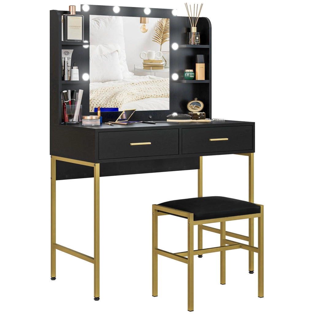 Cassettiera da trucco con specchio e luci, sgabello imbottito ¨C Minimal ¨C nero