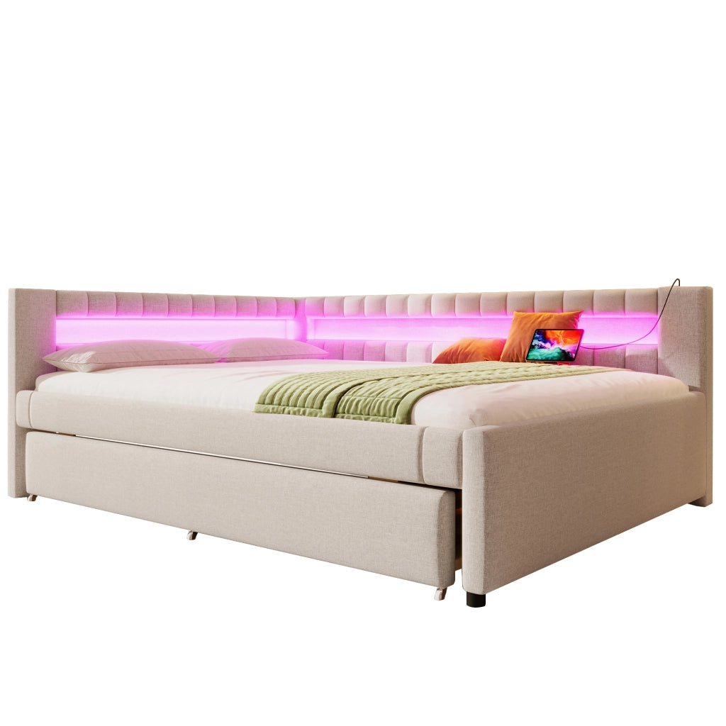 Letto a scomparsa con LED - Zephmum - 140x200cm - Beige - Luci integrate, USB, Type-C