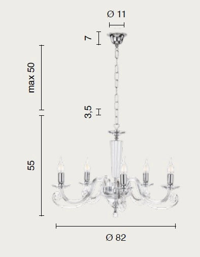 LAMPADARIO CHERUBINI 5 LUCI BIANCO E CROMO ATTACCO E14 D.82CM