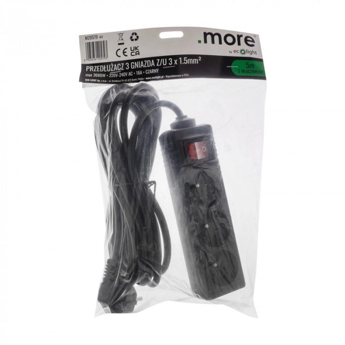 Prolunga elettrica 3 prese 5 m interruttore nera Ecolight