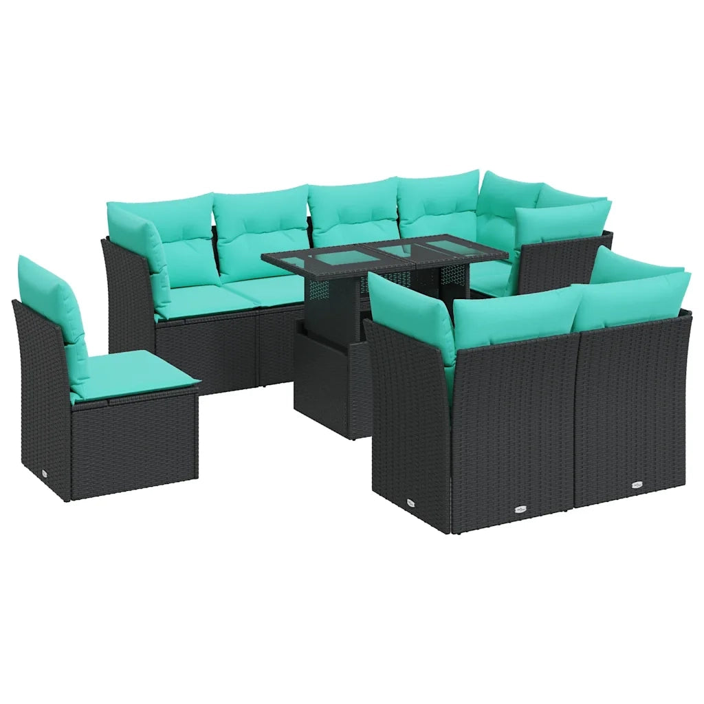 Set Divani da Giardino 9 pz con Cuscini Nero Polyrattan Acacia 3326178