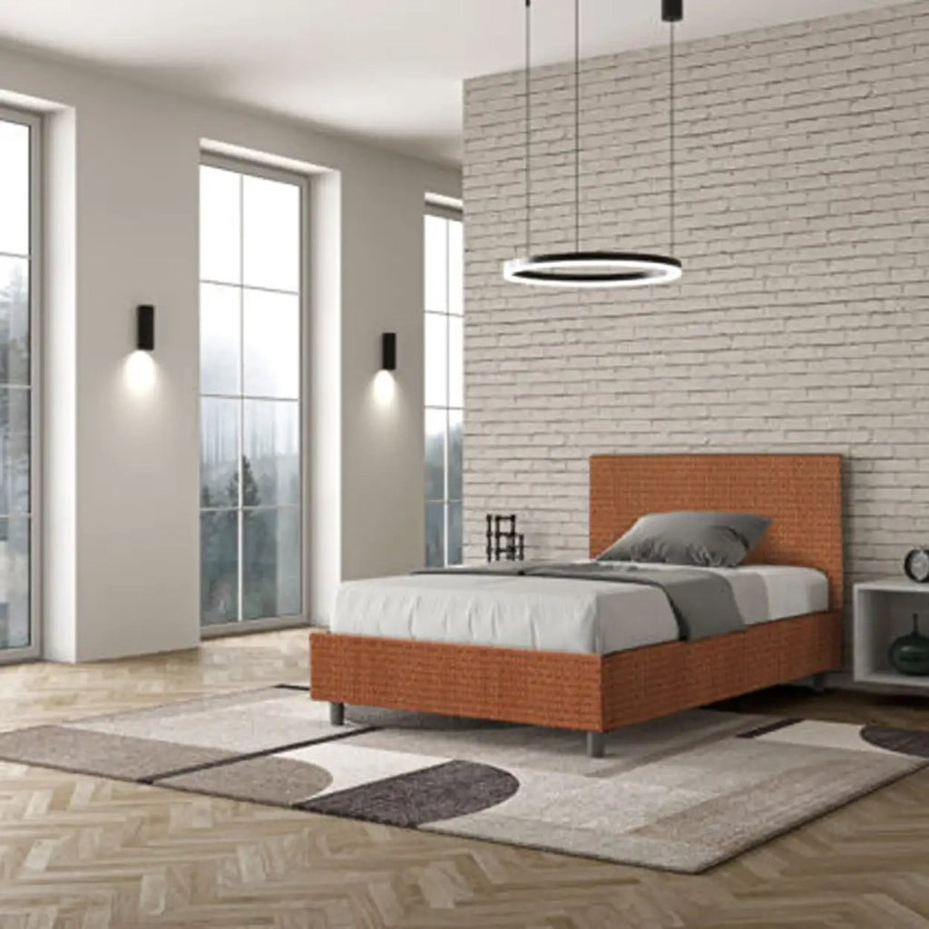 Letto una piazza e mezza con rete imbottito 120x200 tessuto Labirinto 4 arancio Adele
