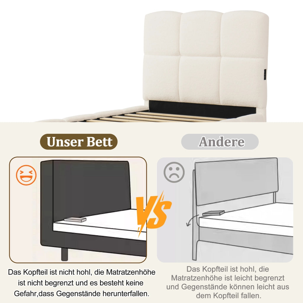 LETTO Contenitore 90x200 cm Bouclé Beige con rete a doghe e USB-C
