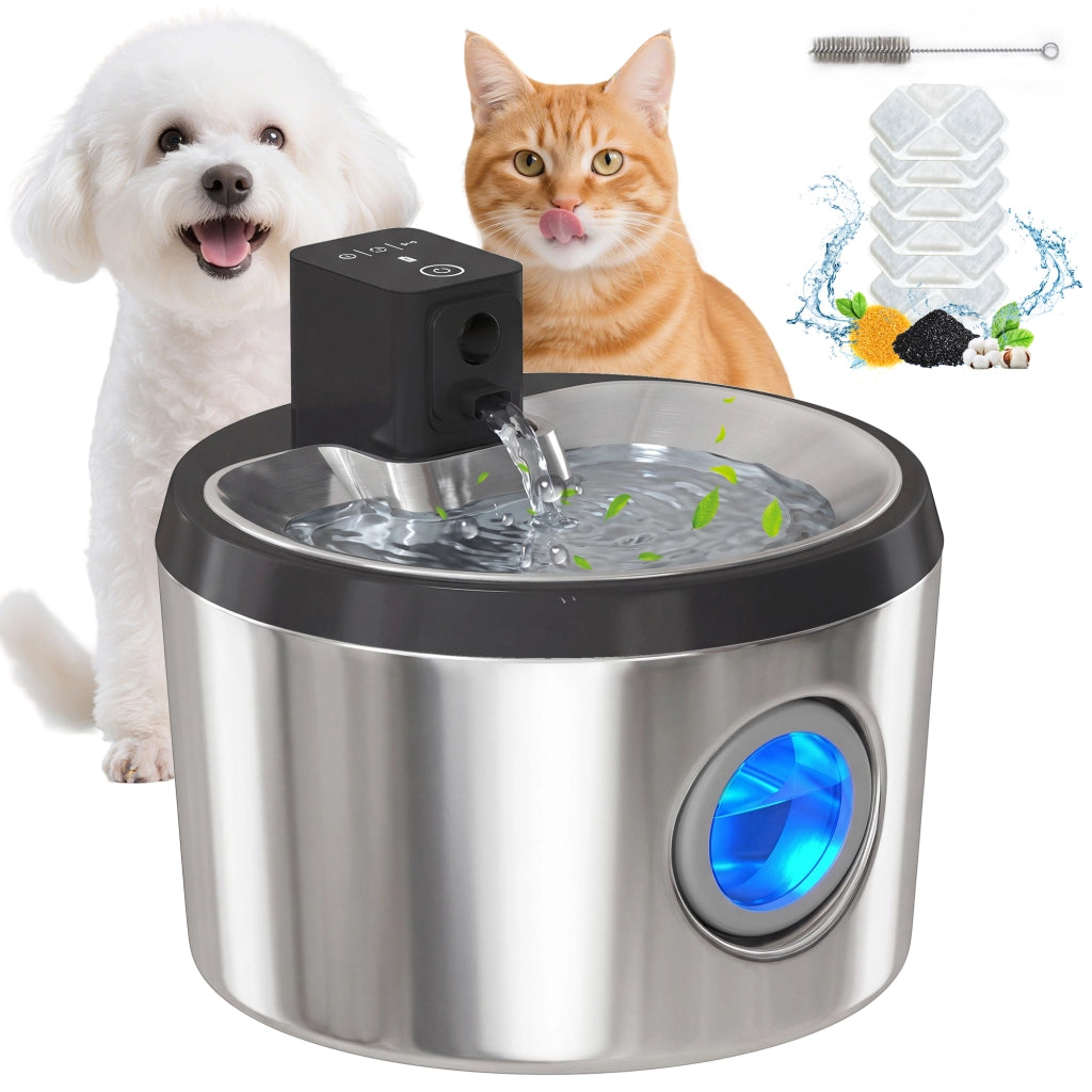 Fontana per Gatti 4L Senza Fili Acciaio Inox con Sensore Movimento 6 Filtri LED ¨C Xylo ¨C Argento