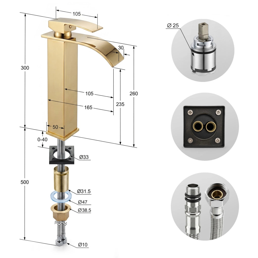 Rubinetto lavabo alto a cascata oro da appoggio miscelatore bagno EVIO