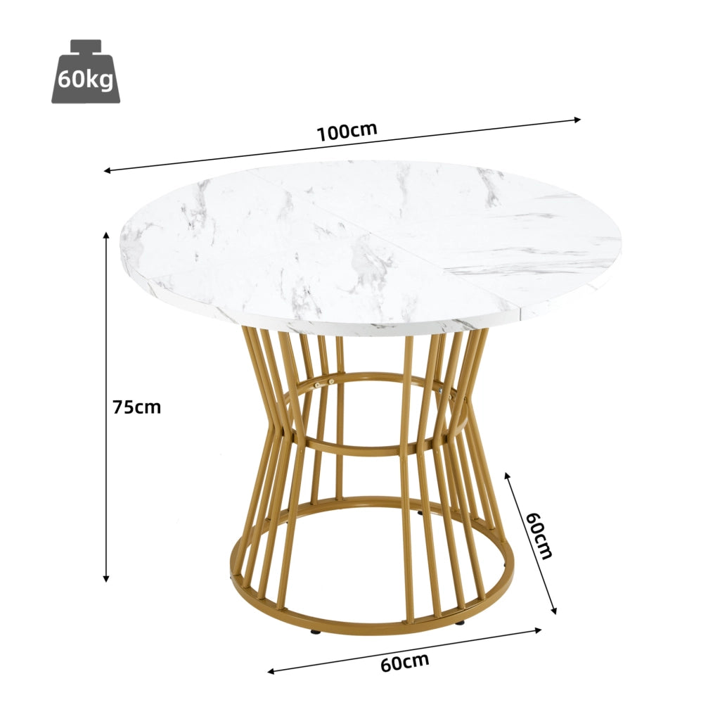 Tavolo da pranzo rotondo 100x75 cm in MDF effetto marmo; struttura in metallo bianco