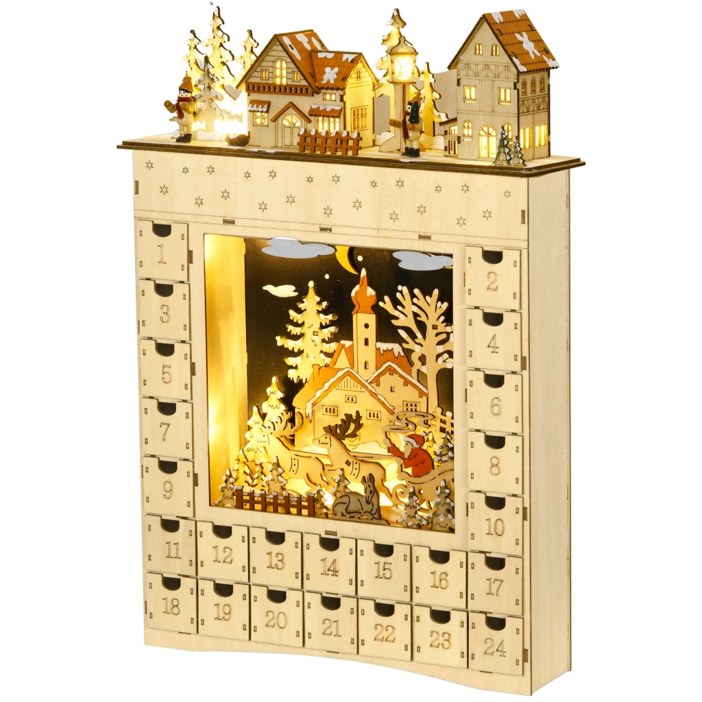 Calendario dell'Avvento LED villaggio innevato 24 cassetti ¨C Xylo ¨C decorazione natalizia beige