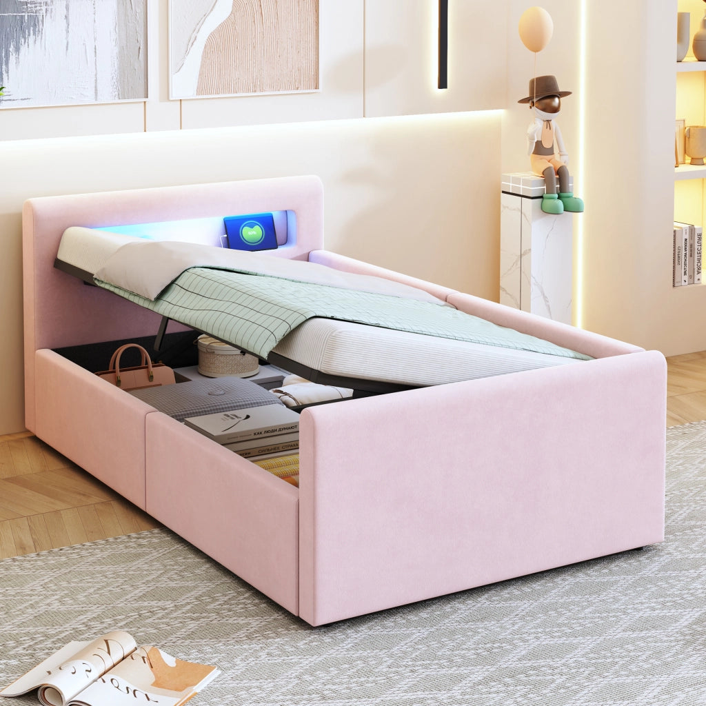 LETTO imbottito bambini 90x200 cm in velluto rosa con LED, USB e contenitore