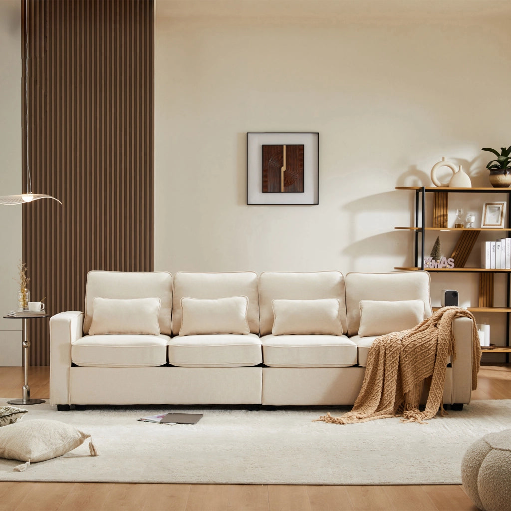 Sofa 4 posti moderno in lino - Zephmum- Con tasche braccioli e 4 cuscini