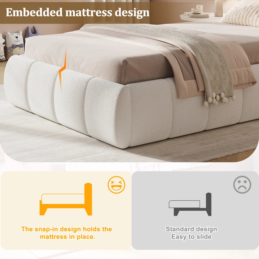 LETTO Contenitore 90x200 cm Bouclé Beige con rete a doghe
